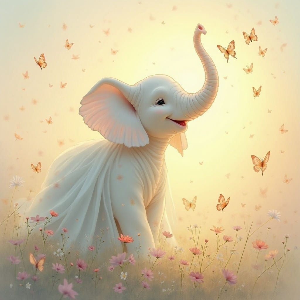 Ethereal White Elephant in Pastel Sunrise