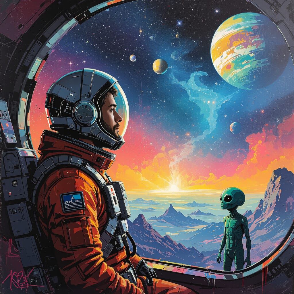 Man in Spaceship with Alien in Graffiti Art Style