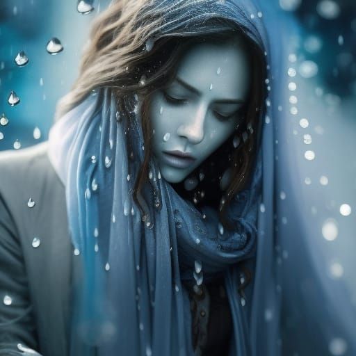 Blue Woman Crying in Rain: Digital Fairy Tale