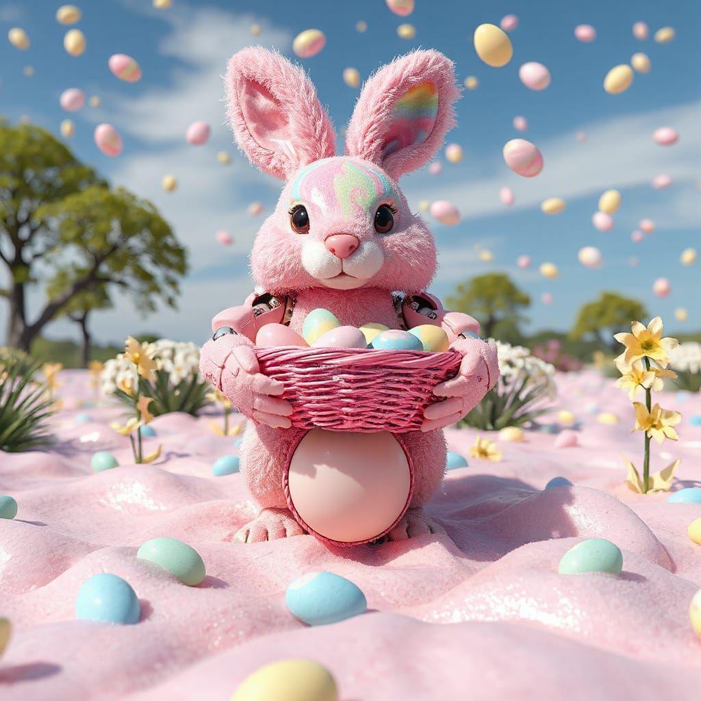 Surreal Robot Bunny in Vibrant Garden