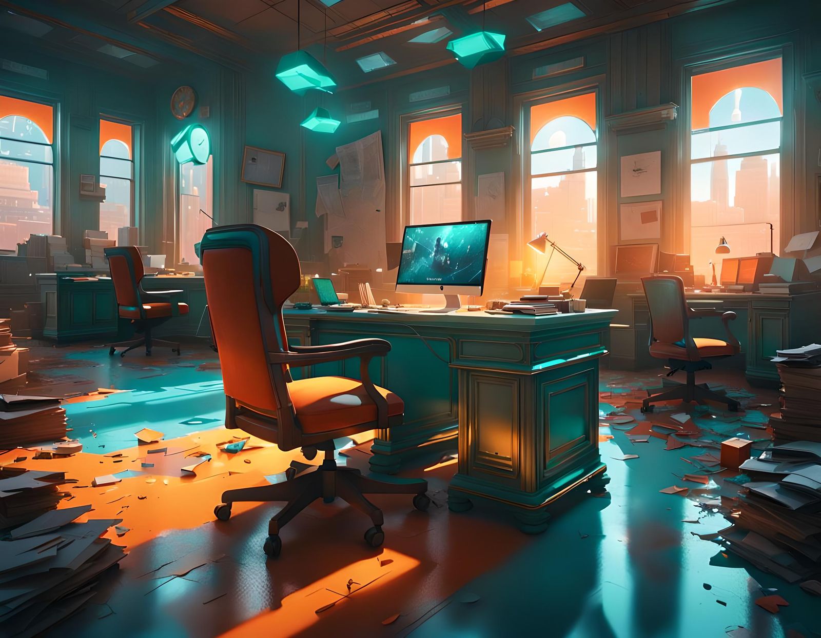Deserted Office with Flashing Lights, Hyperdetailed Art