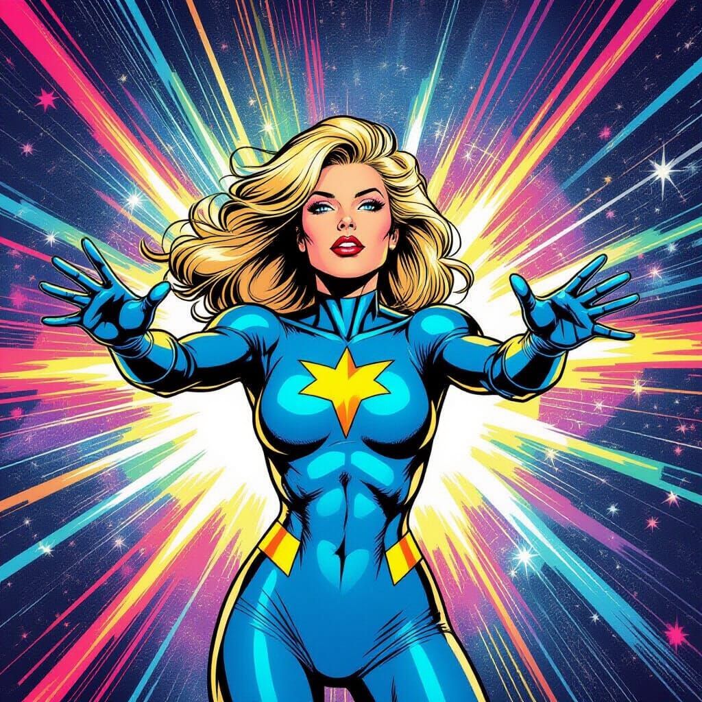 Dazzler Emits Kaleidoscopic Light Burst in Comic Style