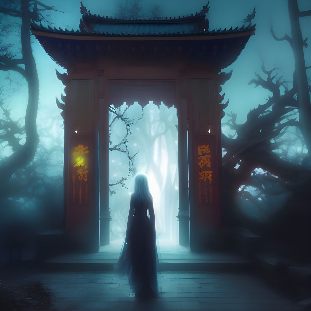 Ethereal Ghost Girl at Haunted Buddhist Gate