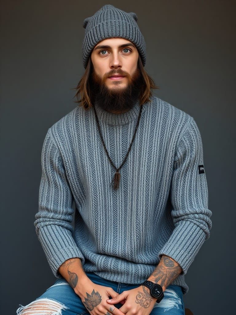 Indie Man Portrait with Tattoos and Beanie