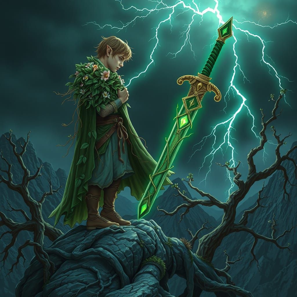 Ethereal Elf Wields Nature-Forged Sword Amidst Gnarled Mount...