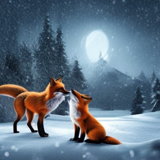 Foxes Playing in Snow: Dramatic Digital Painting