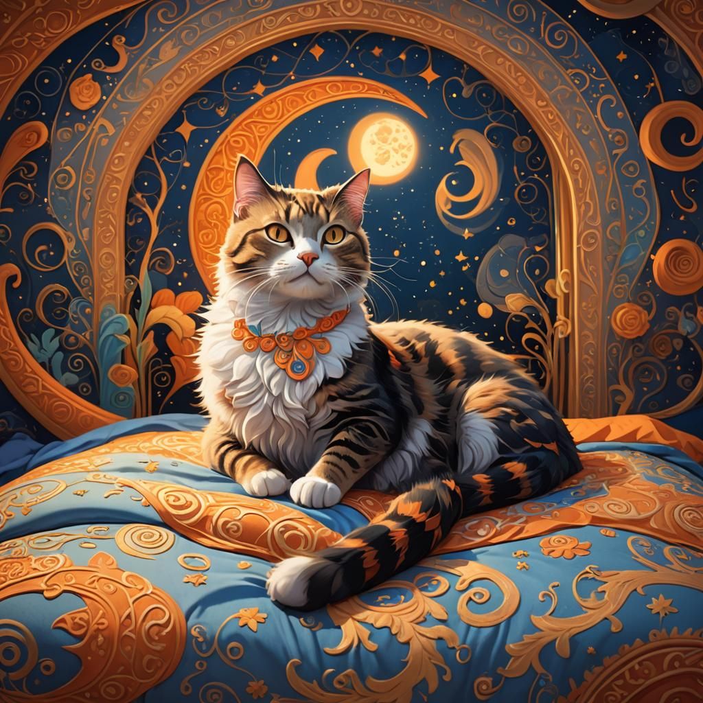 Cartoon Cat Stretching in Whimsical Fantasy Art