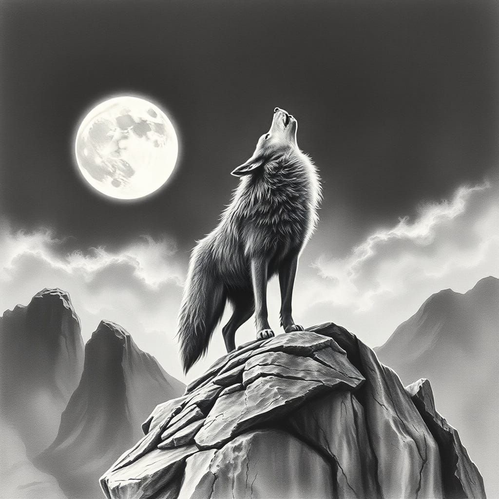 Lone Wolf Howling: Hyper-Detailed Charcoal Drawing