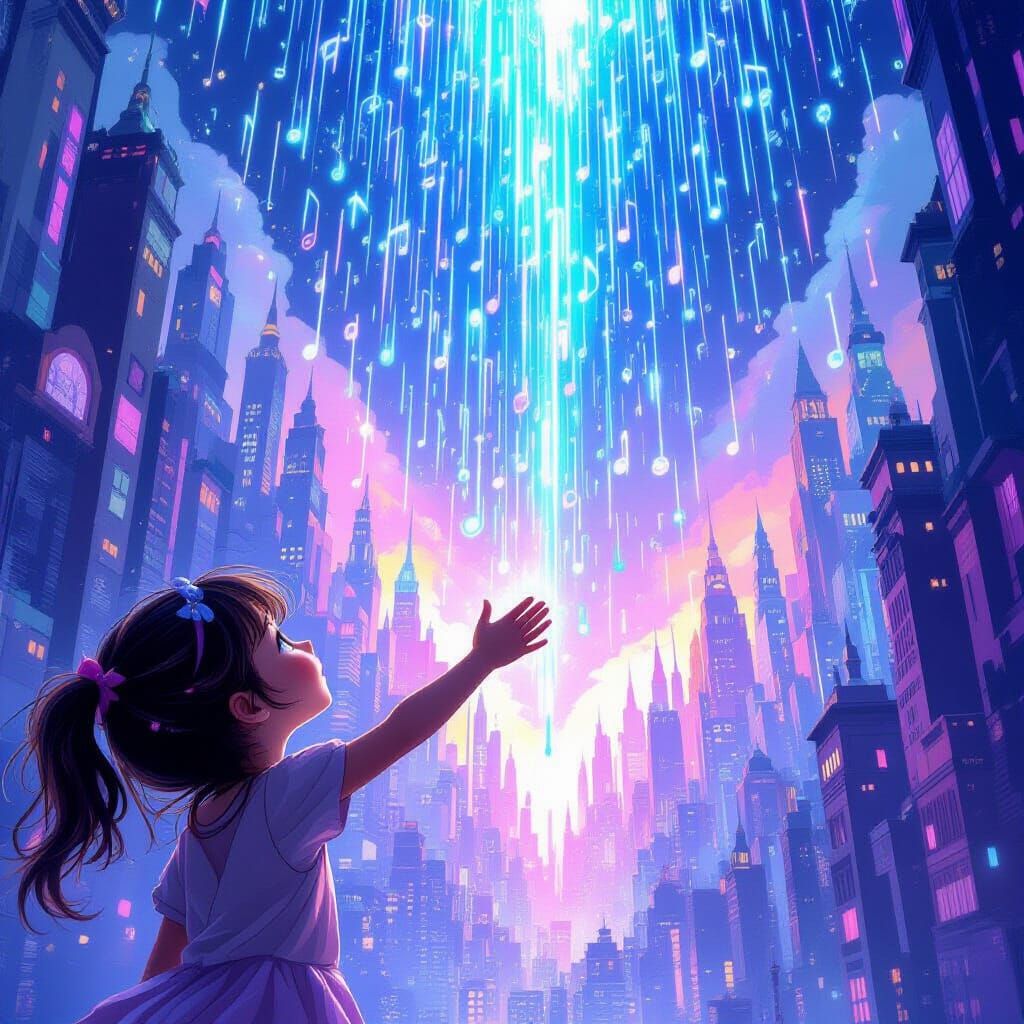 Girl Reaches for Musical Notes in Fantasy Cityscape