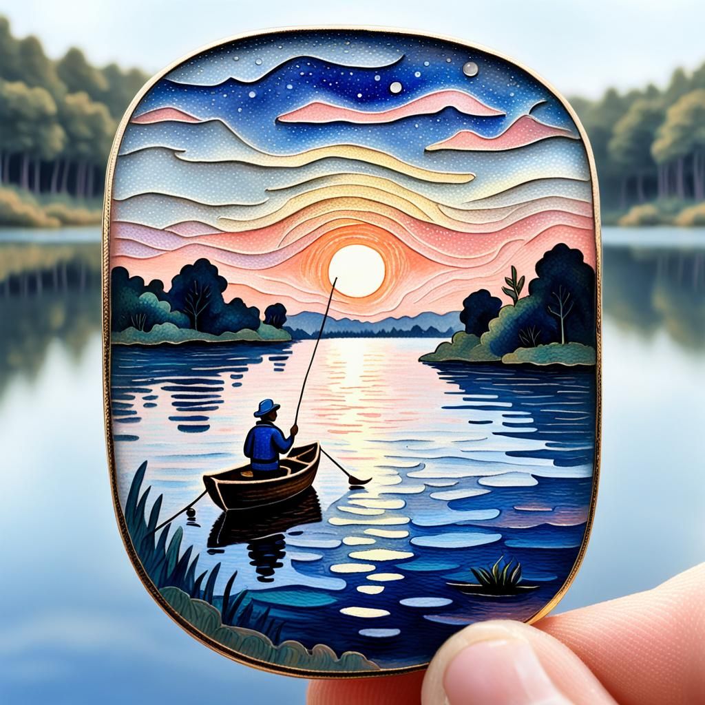 Fisherman on Lake Enamel Pin in Post-Impressionism Style