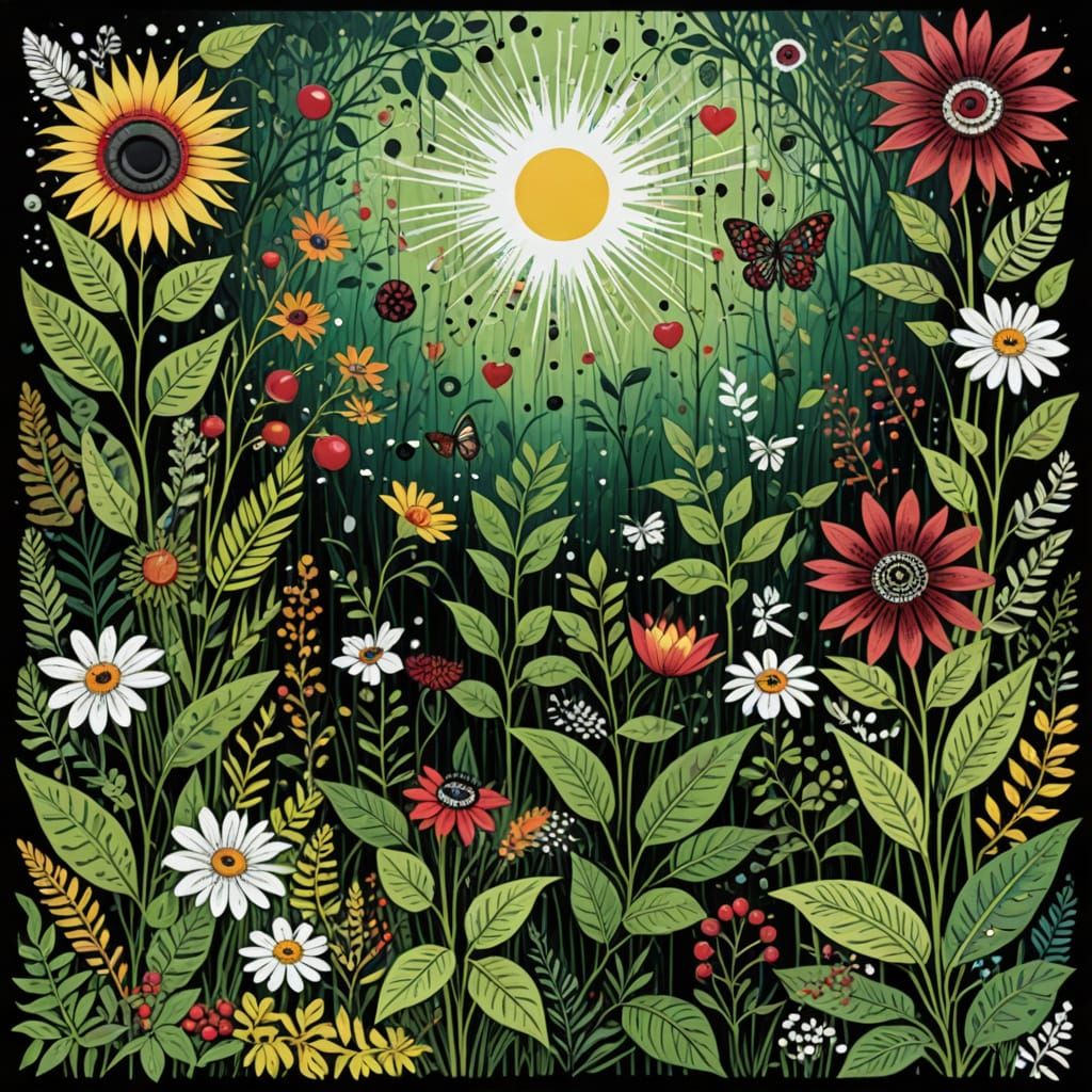 Vibrant Tropical Rainforest Flora and Fauna in Mixed Media