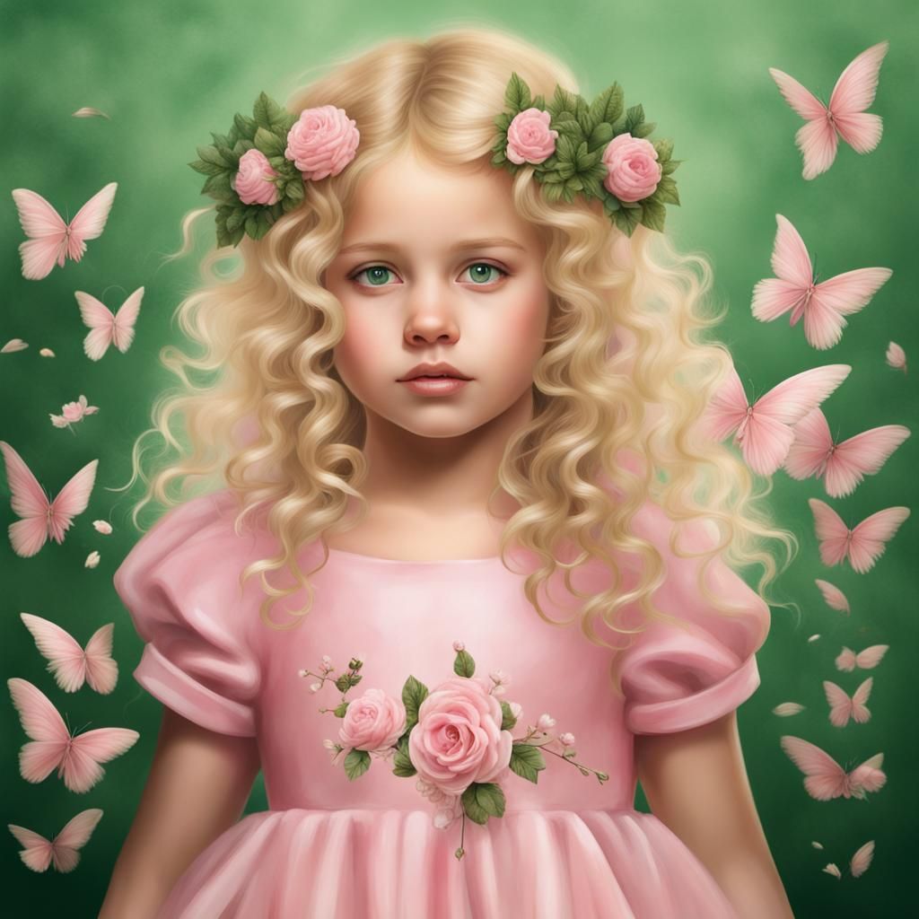 Blonde Girl with Fairies in a Dreamy Landscape