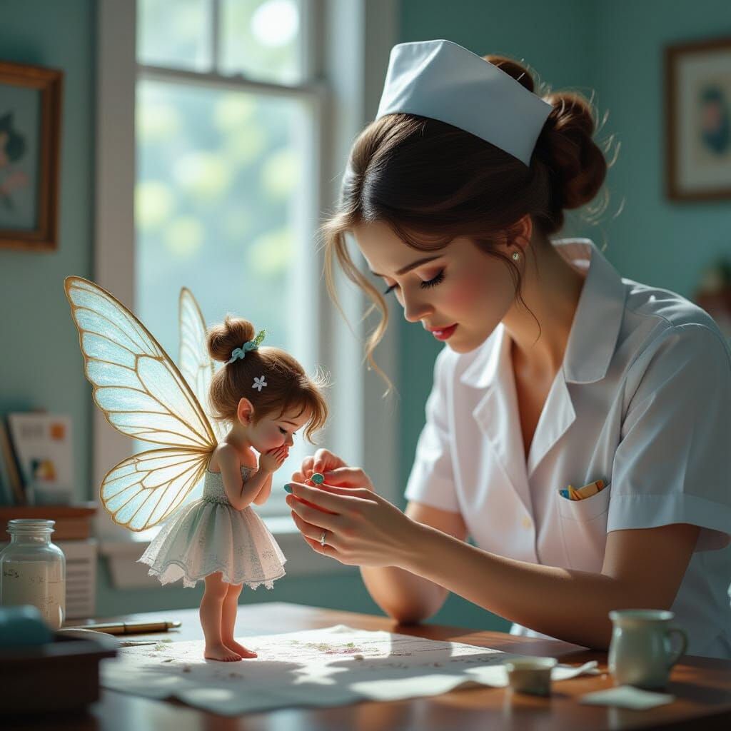 Broken Fairy Healed by Giant Nurse in Fantasy Art