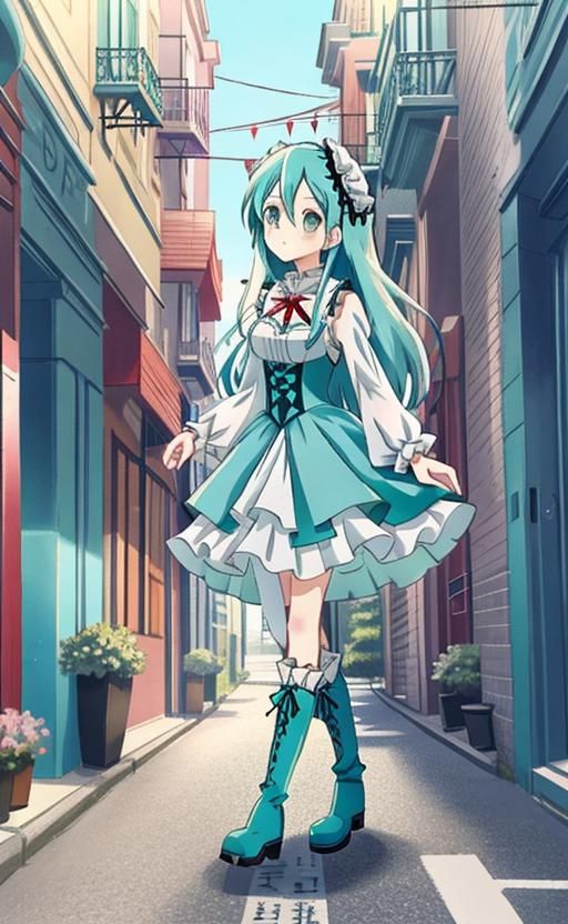 Anime Girl in Aqua Gothic Dress