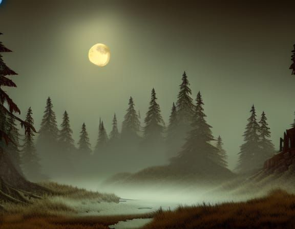 Eerie Horror Landscape with Dead Pines and Pale Moon