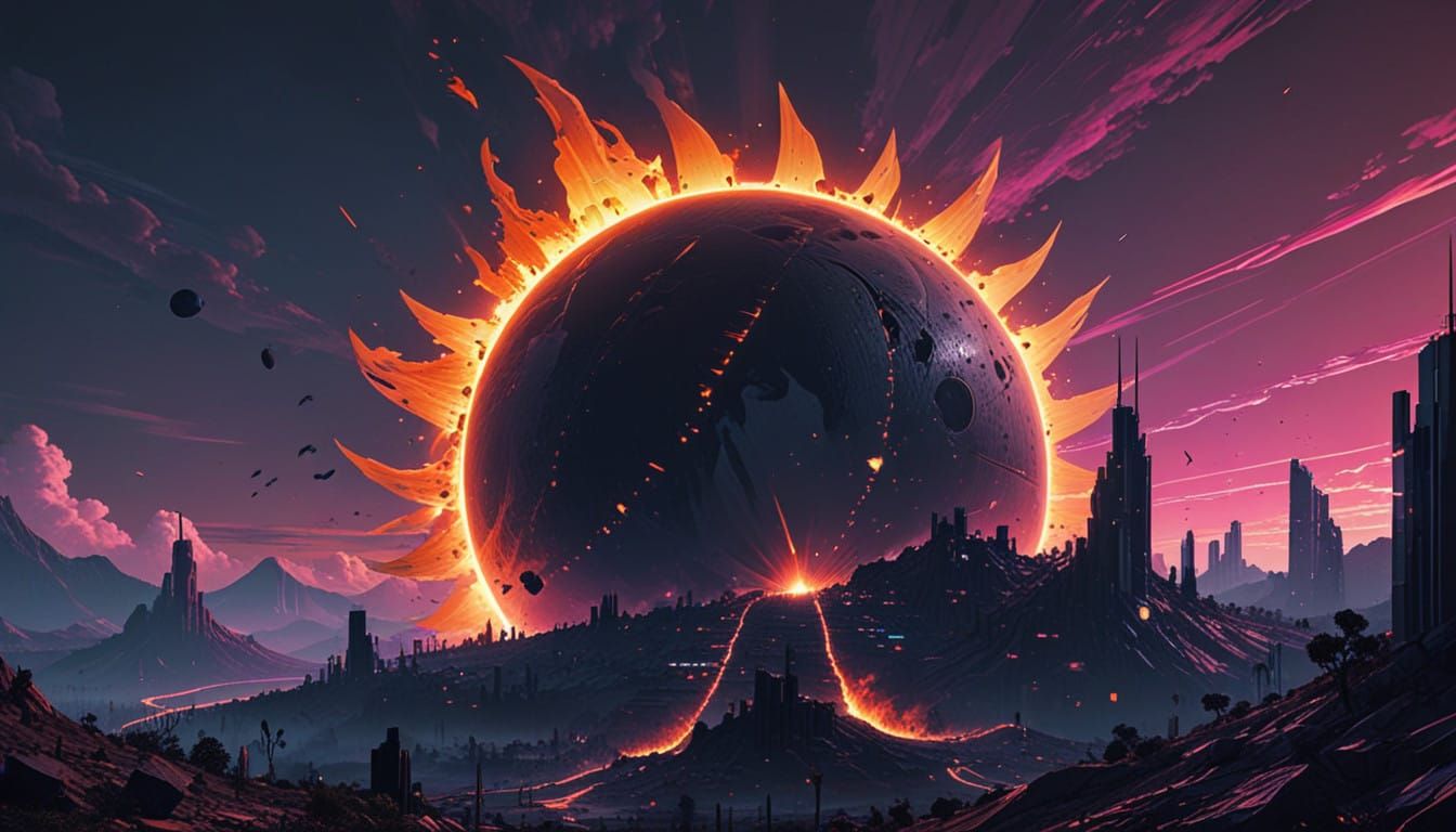 Pixelated Solar Eclipse in Neon Hues