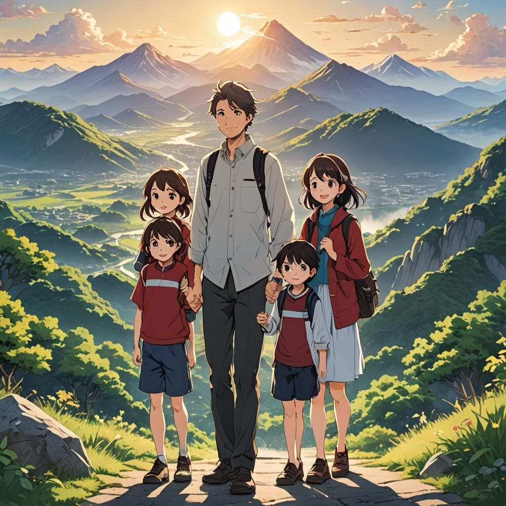 Happy Anime Family at Sunrise in the Mountains
