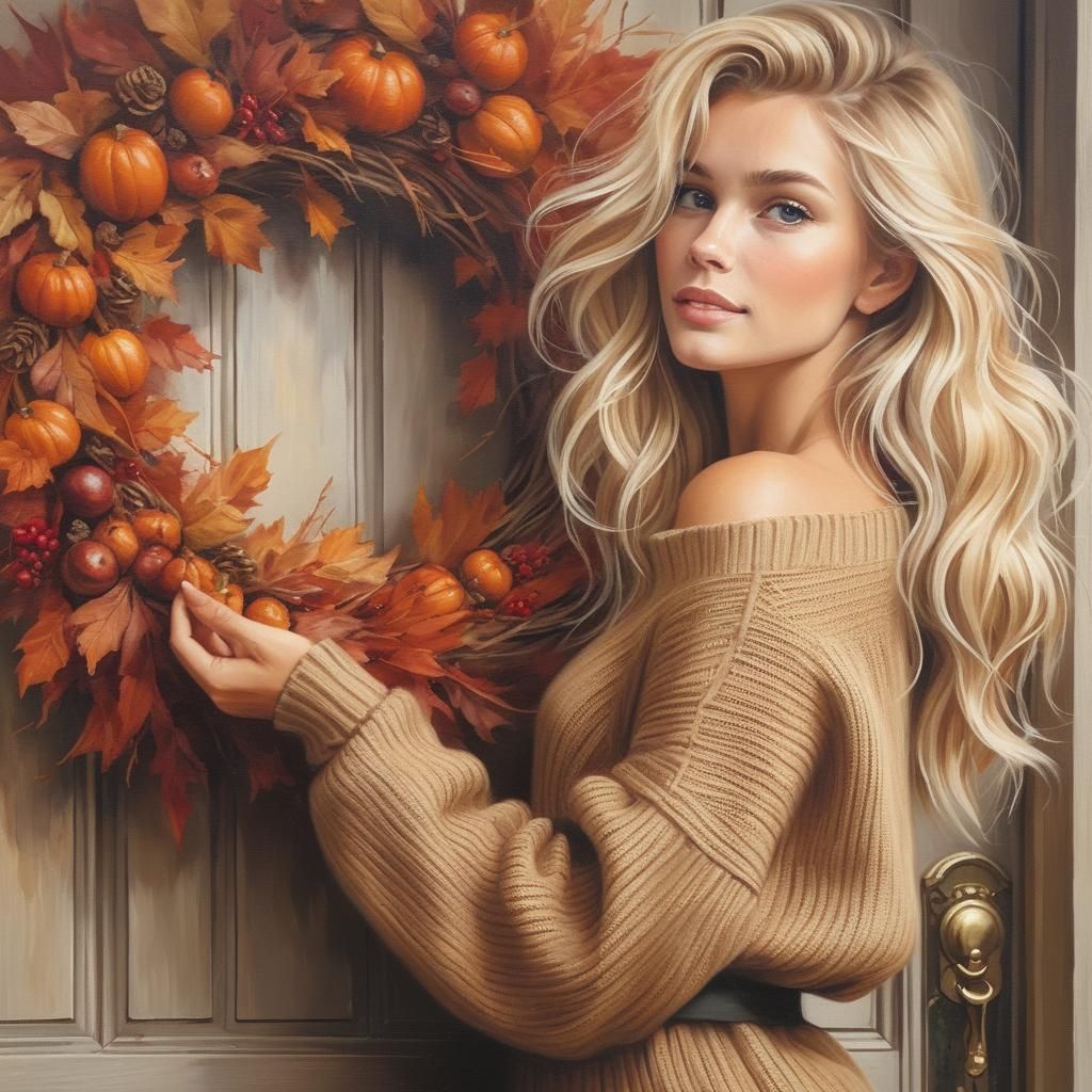 Woman Hanging Autumn Wreath Painting