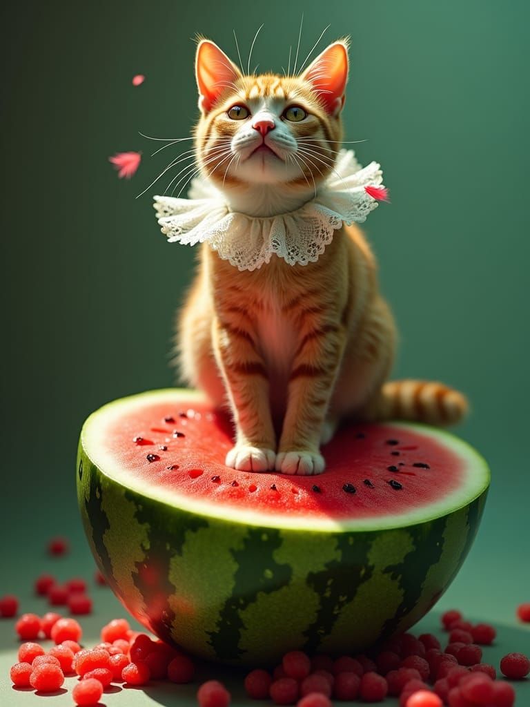 Cat on Watermelon: Hyper-Realistic Whimsical Illustration