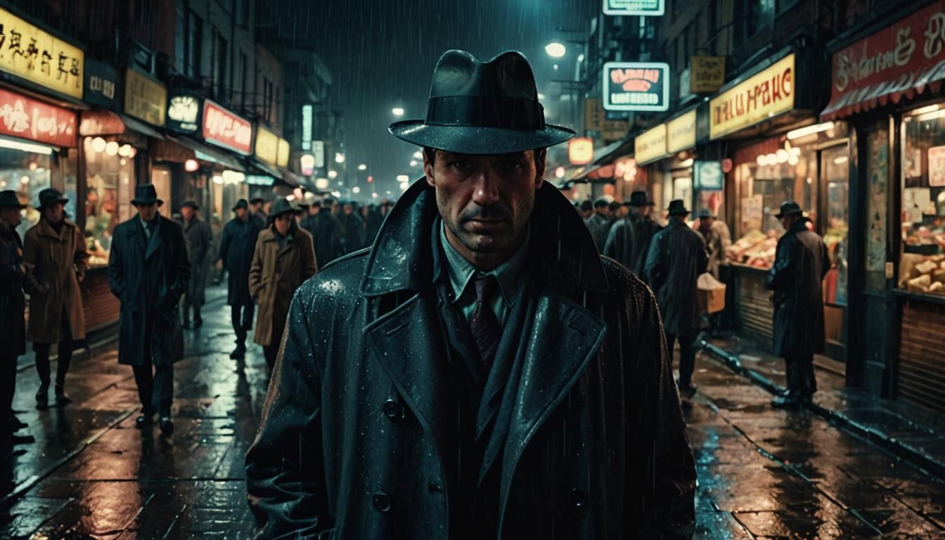 Film Noir Man in Rainy City Market