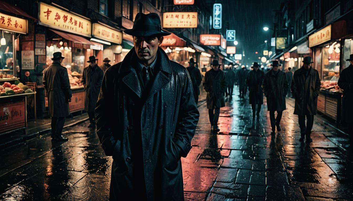 Film Noir Man Watches Night Market with Neon