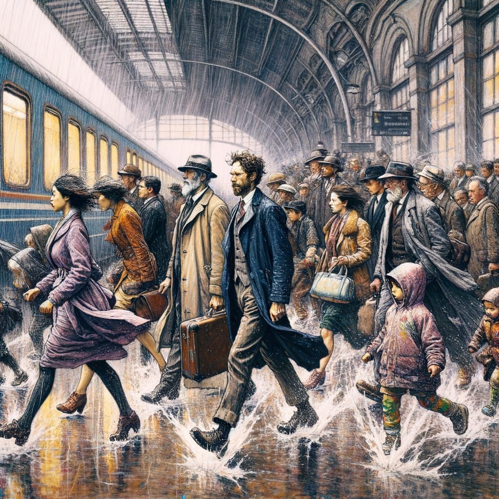 Diverse Group in Storm, Impressionistic Gouache Painting