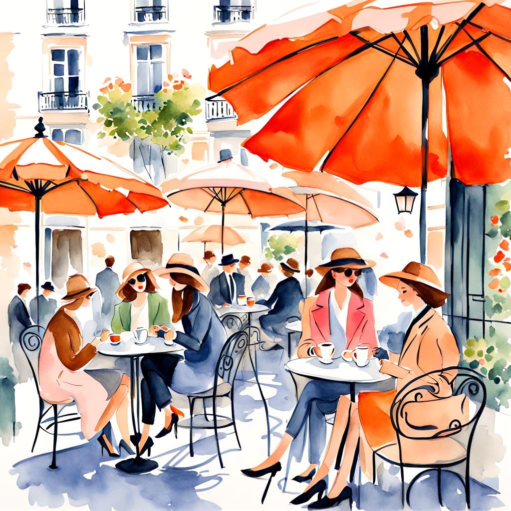 Charming Parisian Café Scene in Soft Watercolour