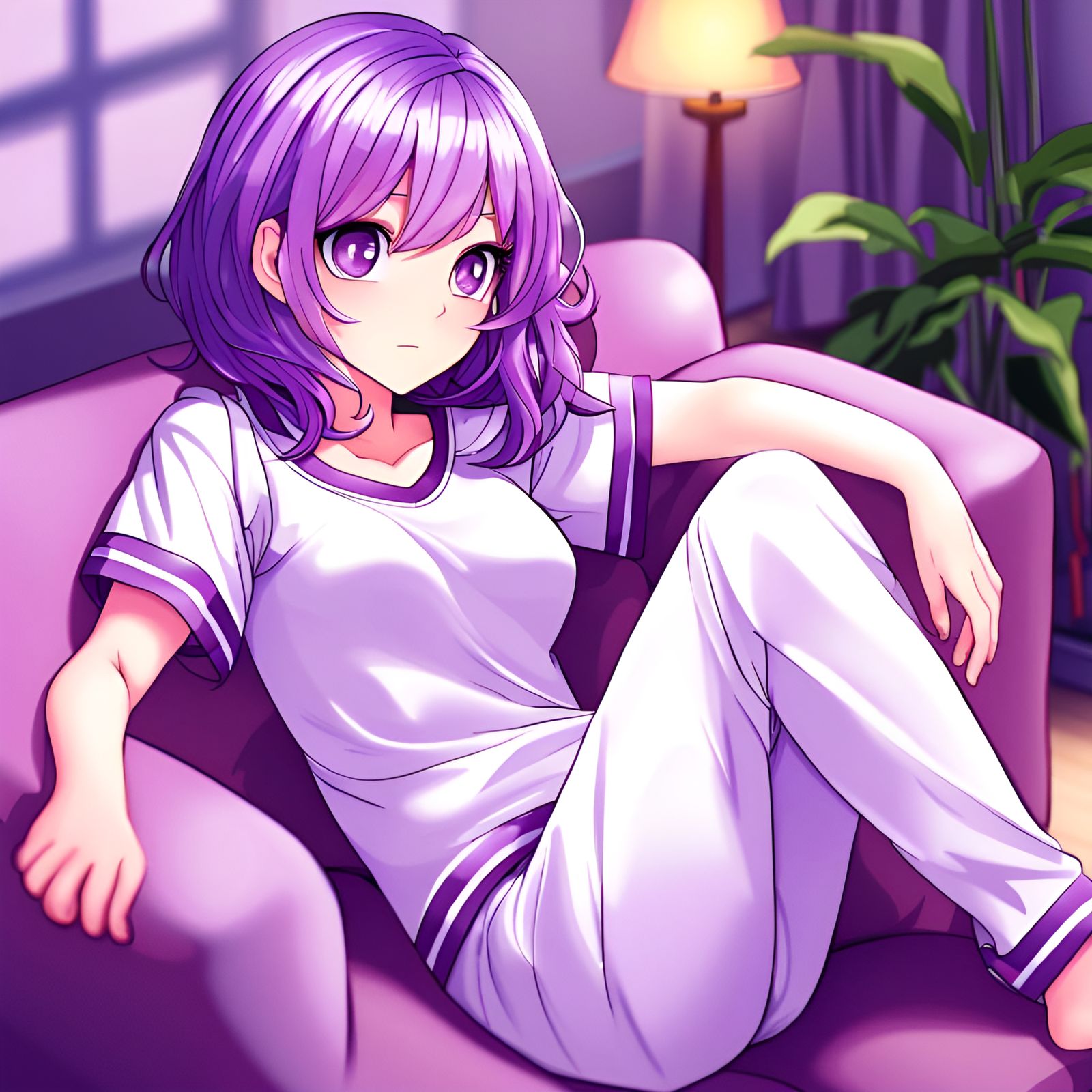 Anime Girl with Purple Hair and Amethyst Eyes