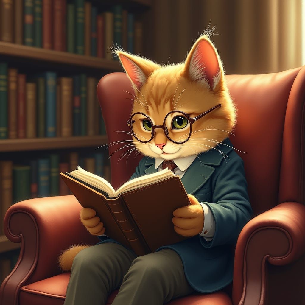 Whimsical Feline Reader in Warm, Golden Light