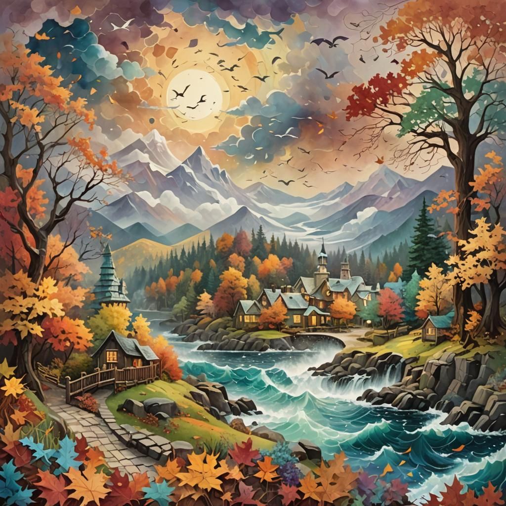 Autumn Bay Storm in Paper Collage Style