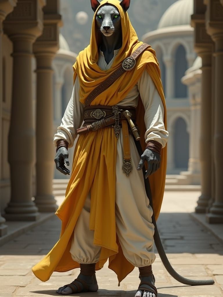 Photorealistic Khajiit in Silk Robe with Elven City Backdrop