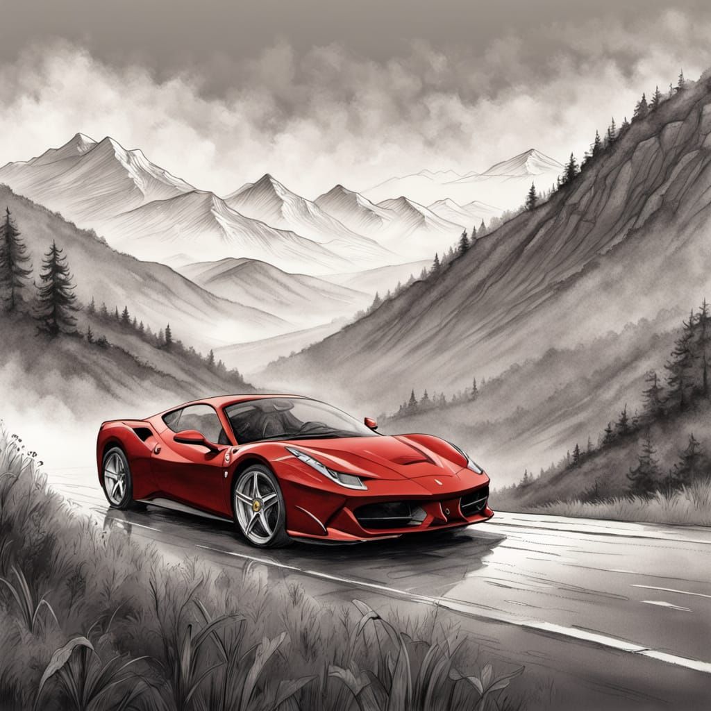 Monochrome pencil sketch of a Scottish Glen with a red Ferra...