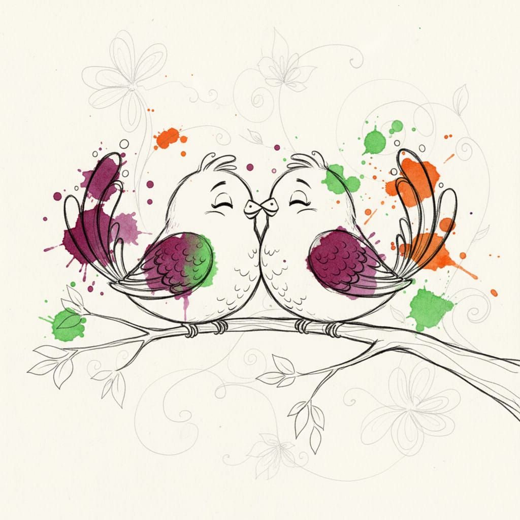 Whimsical Lovebirds Illustration with Watercolor Accents