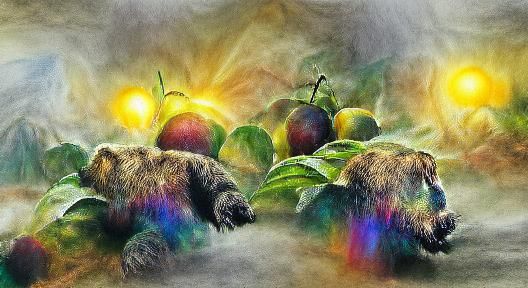 Grizzly Bear in Apple Galaxy, Mixed Media Art
