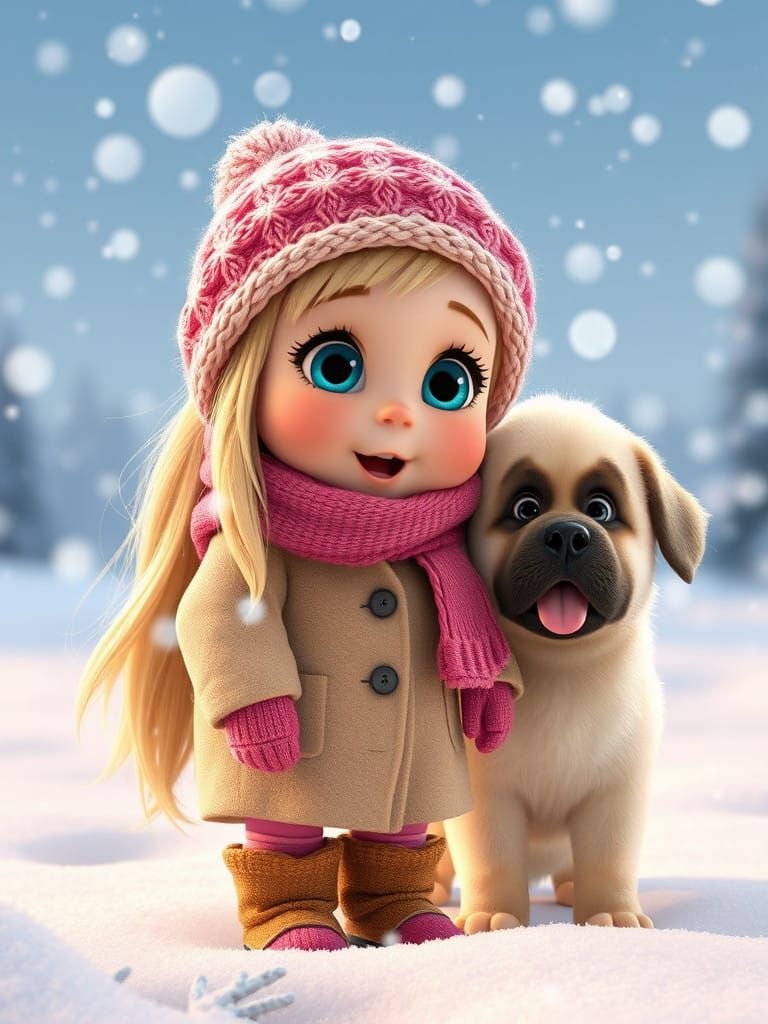 pixar Movie image realistic of a little chubby girl with long blond hair and blue eyes she wears a thick winter coat wit...