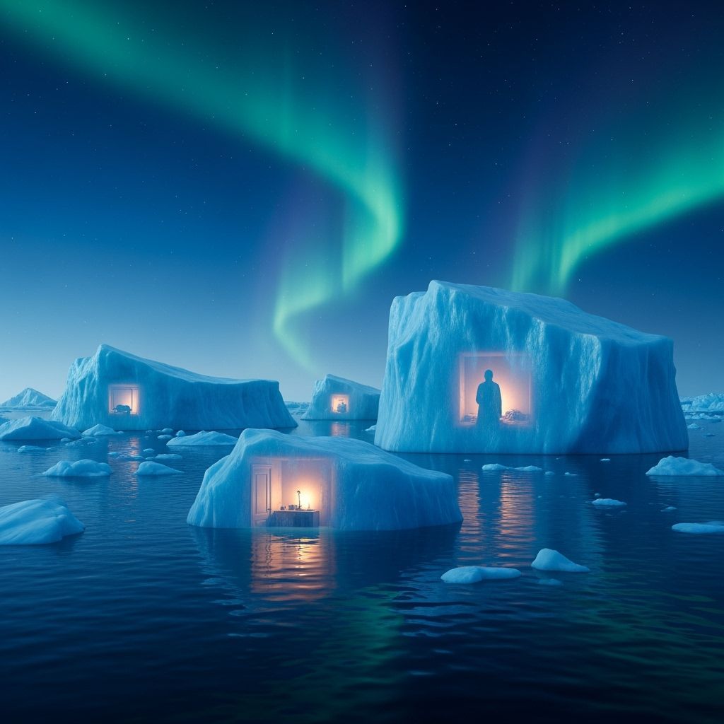 Surreal Arctic Icebergs Under Aurora Borealis