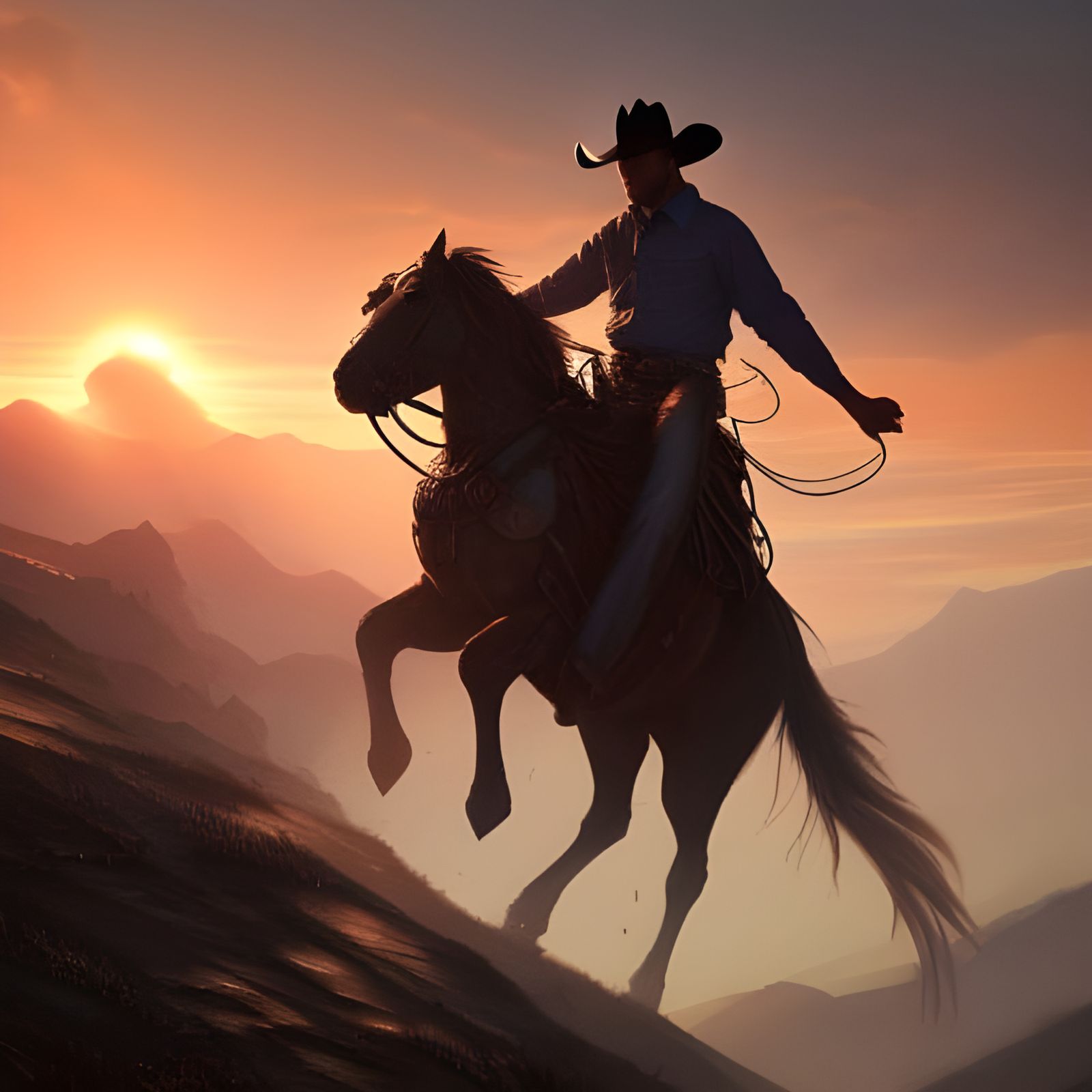 Cowboy Rides into Sunset: Photorealistic Digital Art