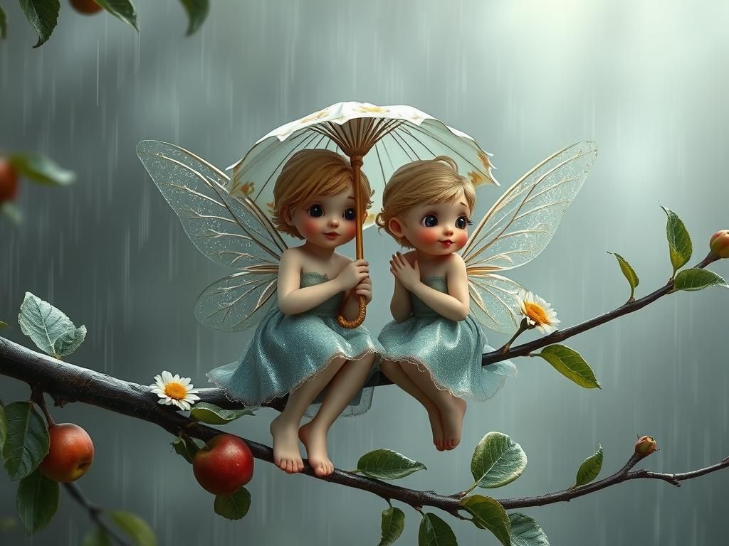 Fairies Under Daisy Umbrella in Misty Rain