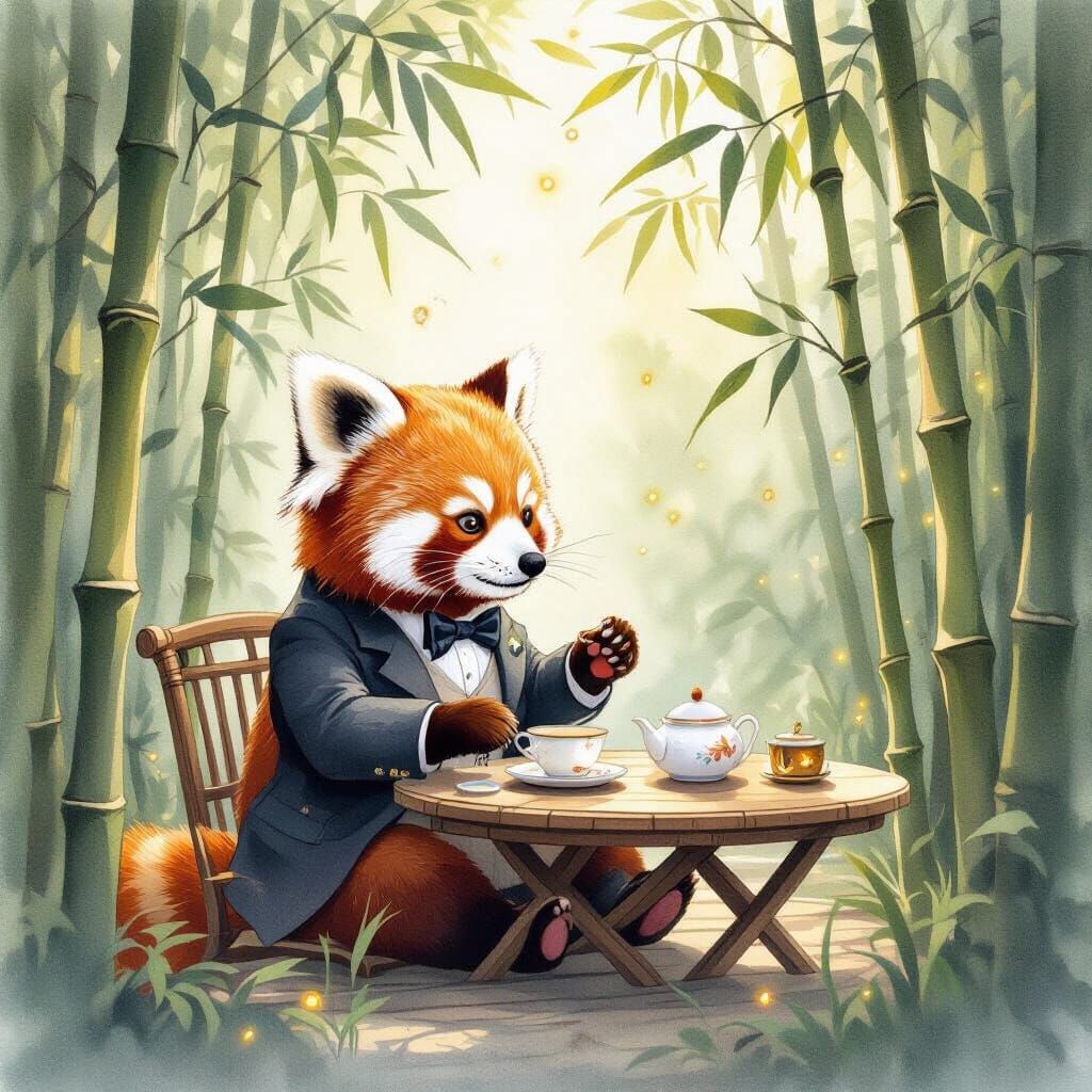 Red Panda in Suit Enjoys Tea Ceremony in Bamboo Grove