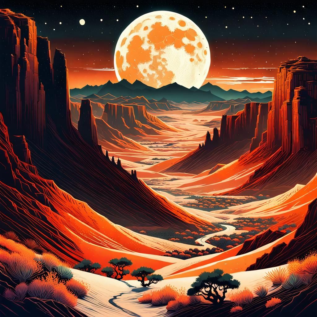 Desert Canyon Under Starry Moonlit Sky