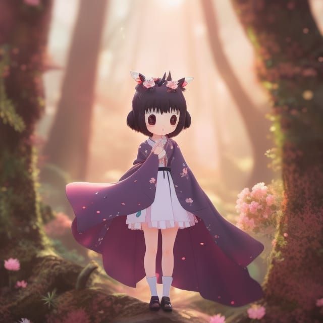 Cute Anime Girl with Forest Creatures in Ghibli Style