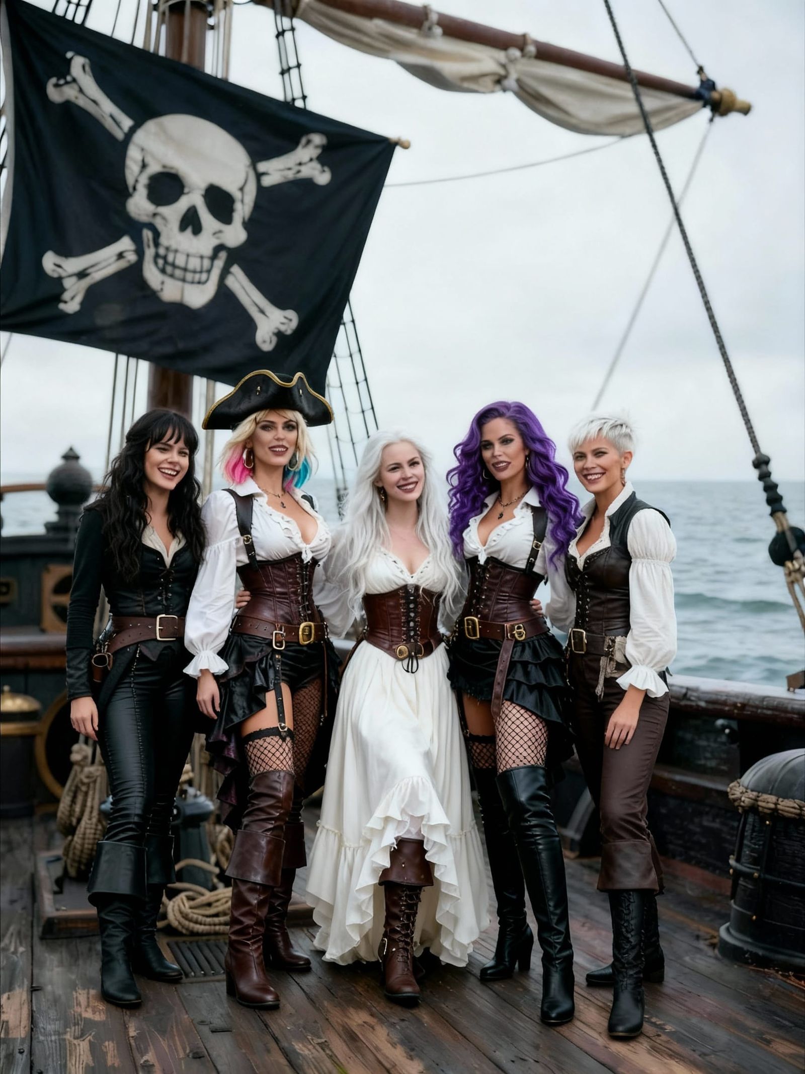 Five Women Smile on Pirate Ship Deck