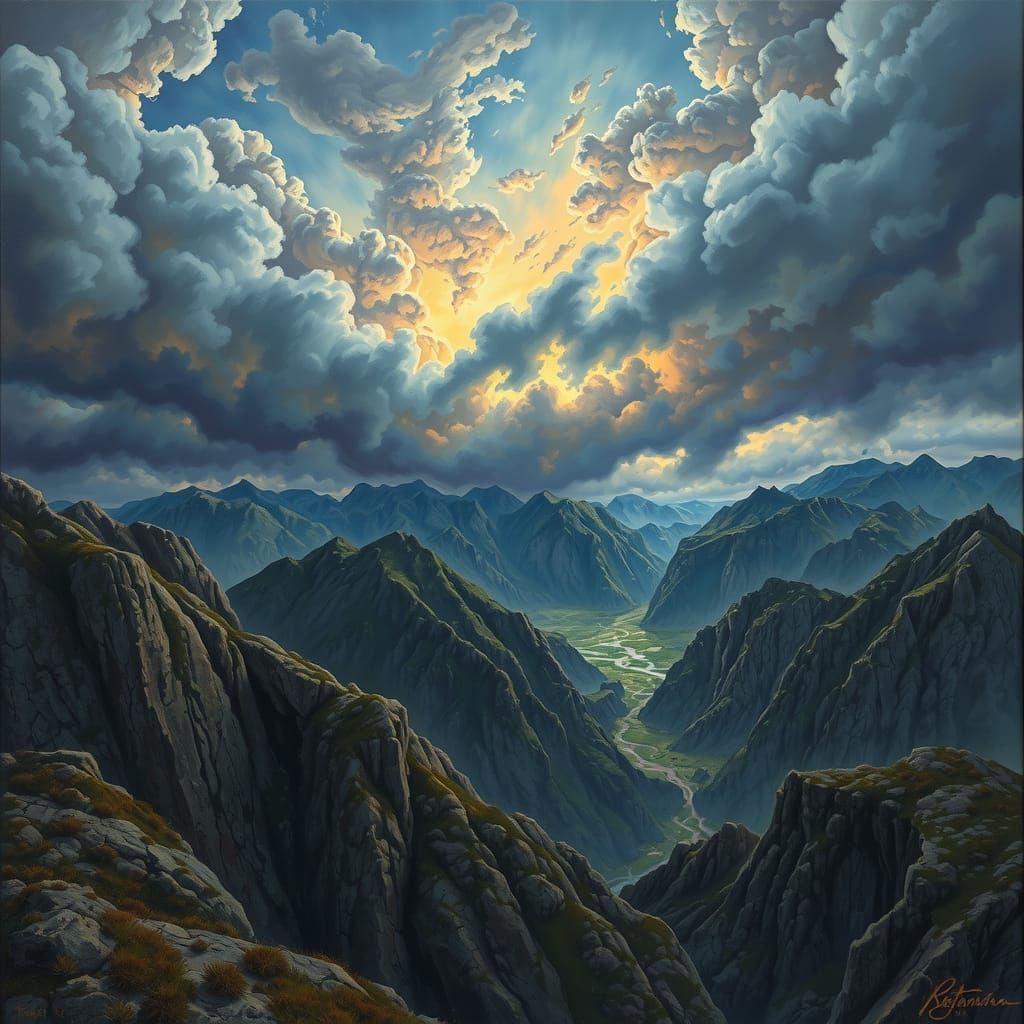 Thunderstorm Over Mountains at Sunset: Digital Art
