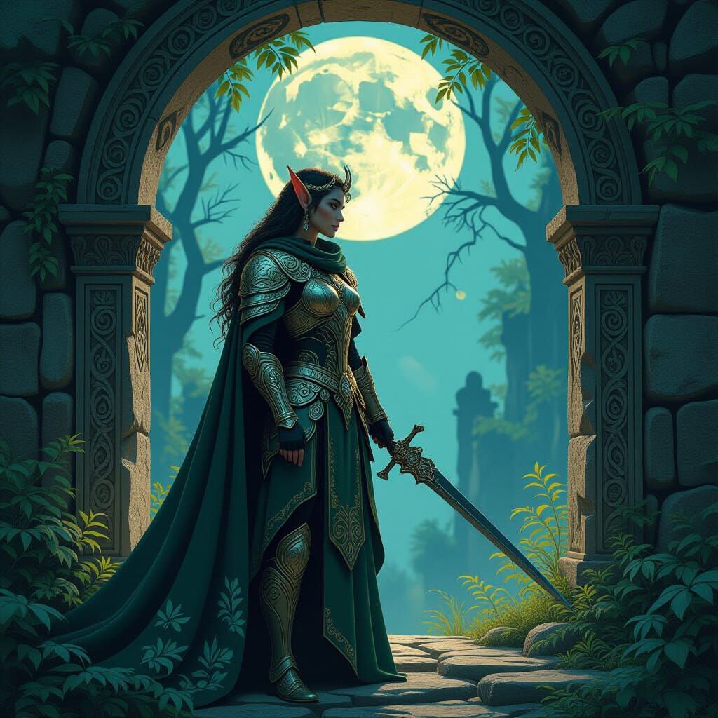 Elf Warrior Guarding Forest Ruin in Art Nouveau Style