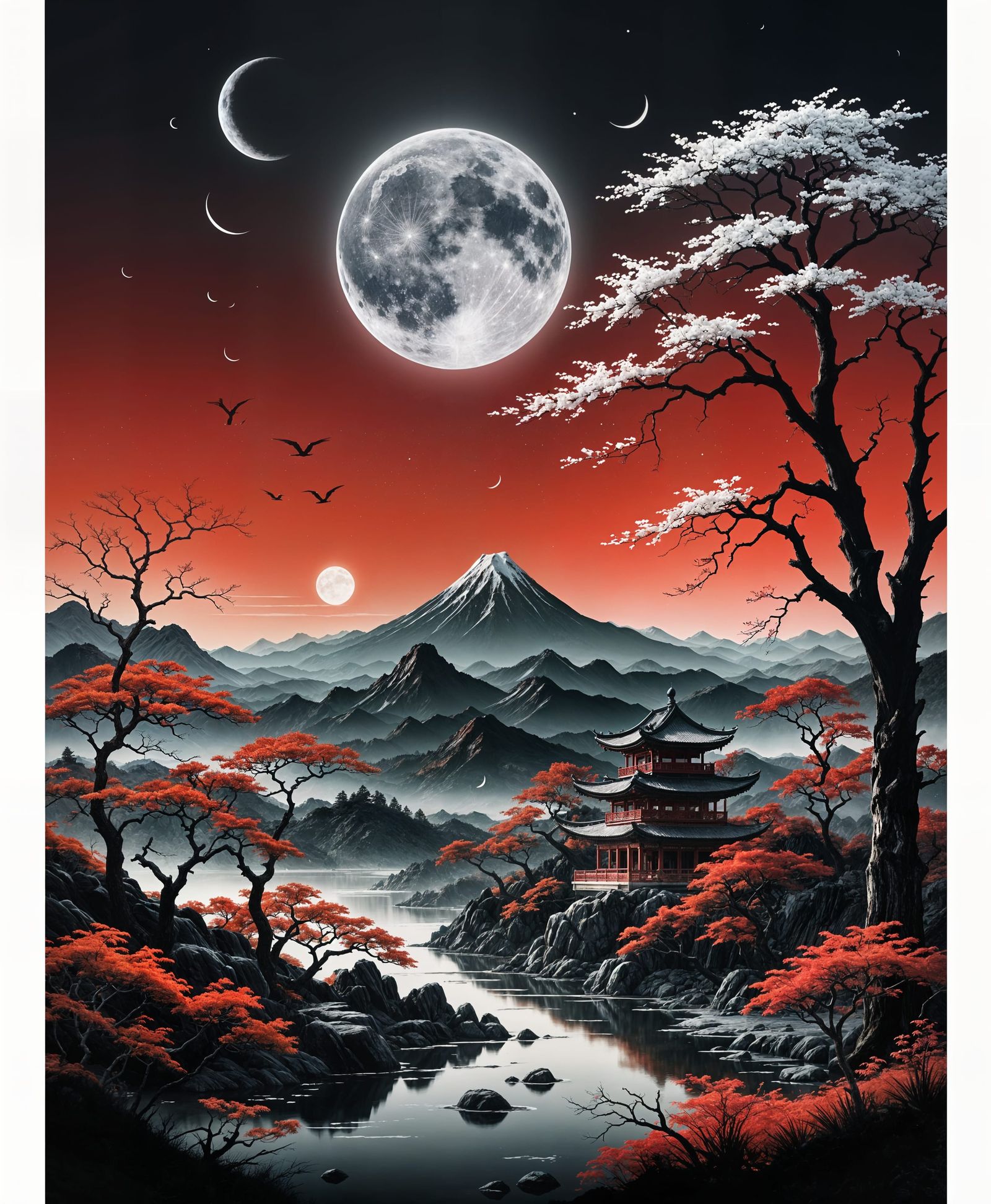 Red, Black and White Asian Landscape with Moon