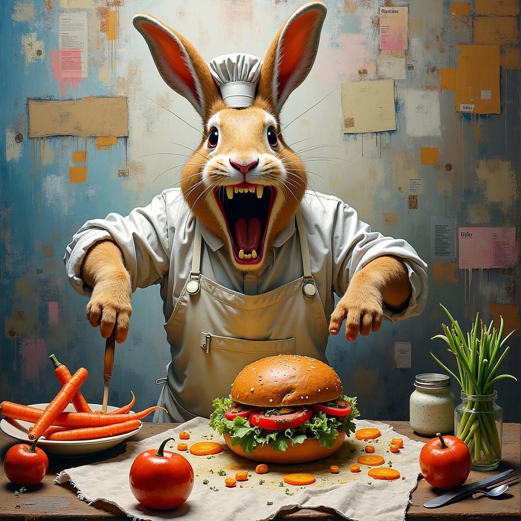 Chaotic Rabbit Chef Prepares Wacky Sandwich, Basquiat Style