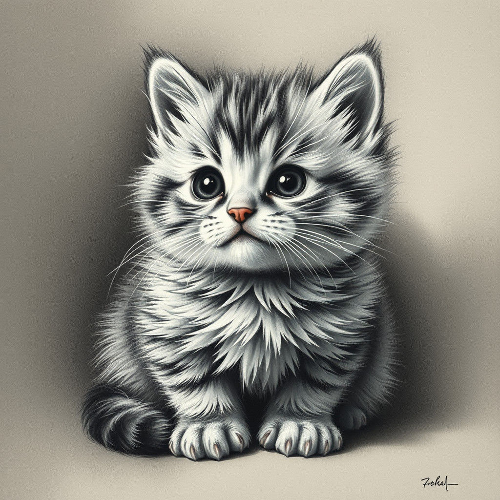 Hyperdetailed Charcoal Kitten Drawing with Expressive Eyes