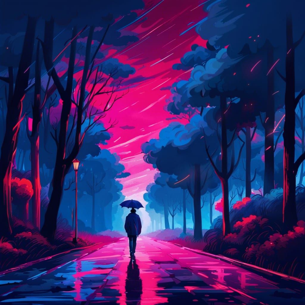 Person Walking Down Rainy Street in Epic Art Style