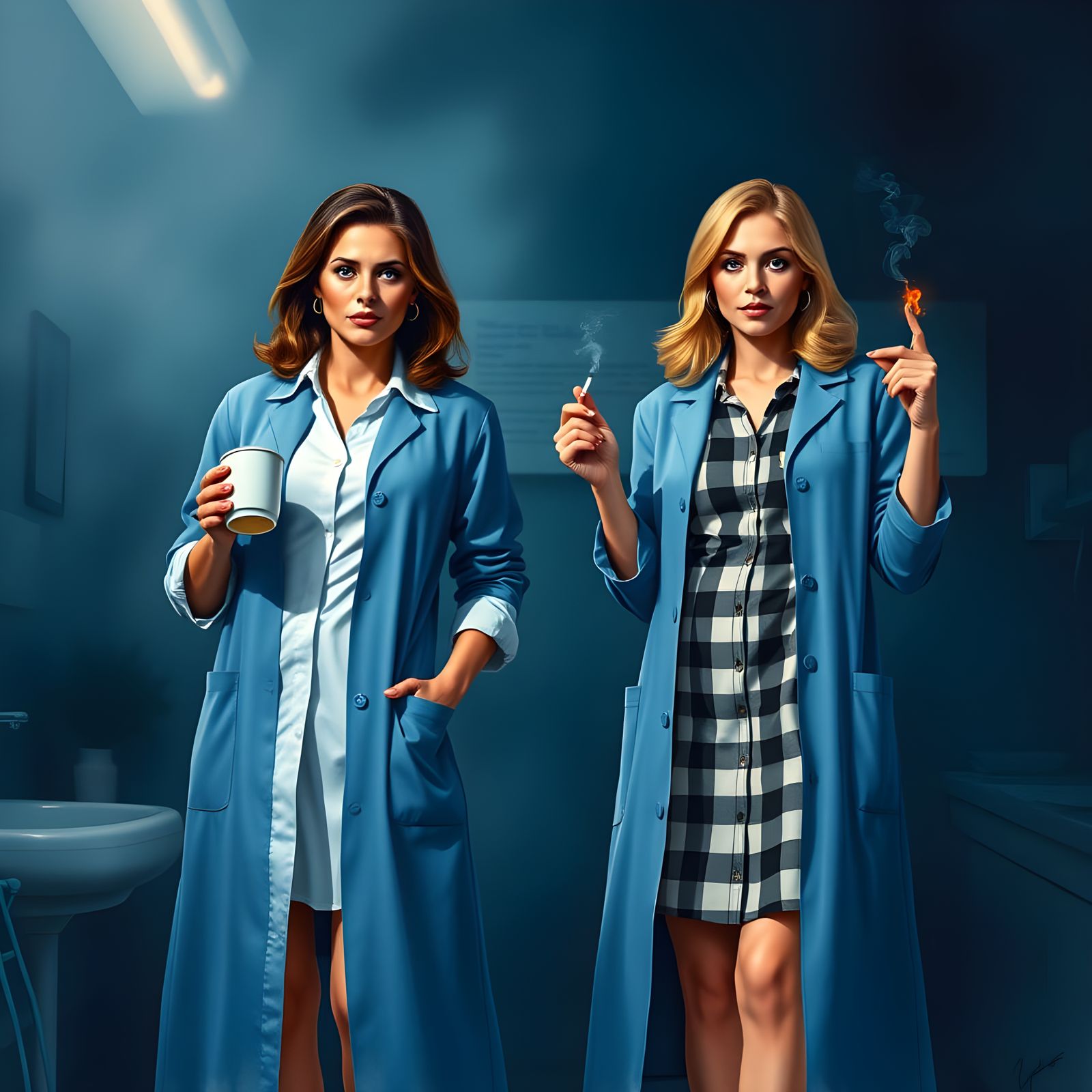 Confident Women in Clinic, Whiskey-Splatter Watercolor Style