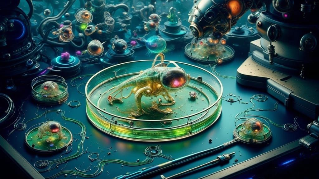 Surreal Steampunk Xenobots Assembling Cellular Aggregates